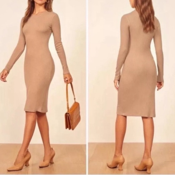 Reformation Elegant Beige Long Sleeve Dress Size S - Picture 3 of 5